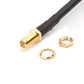 UHF PL259 plug on black coaxial cable, with gold threaded parts and washer.