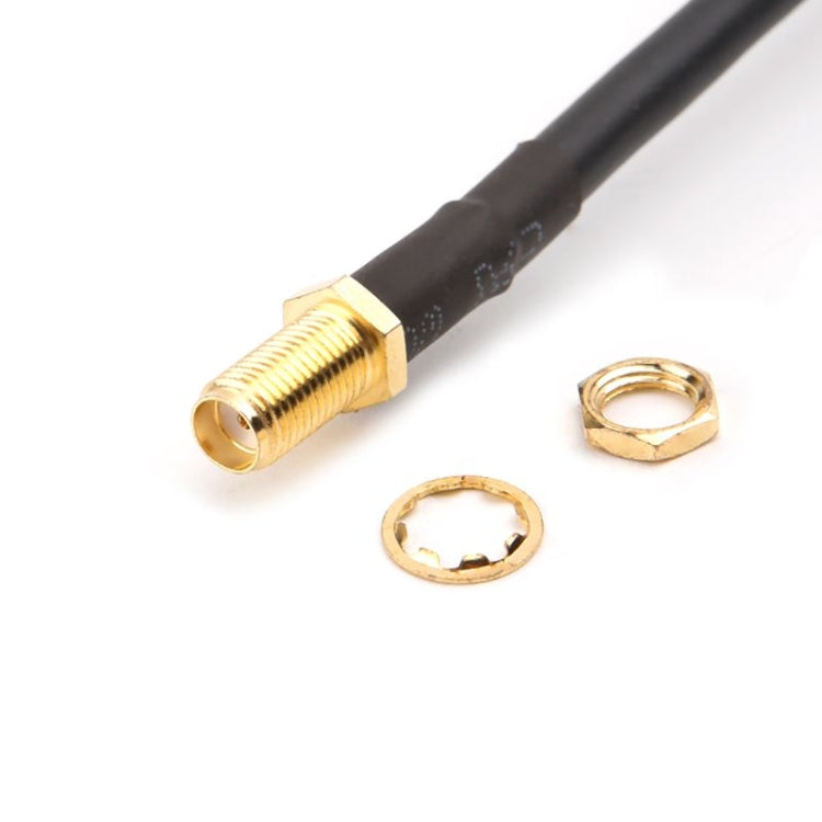 UHF PL259 plug on black coaxial cable, with gold threaded parts and washer.