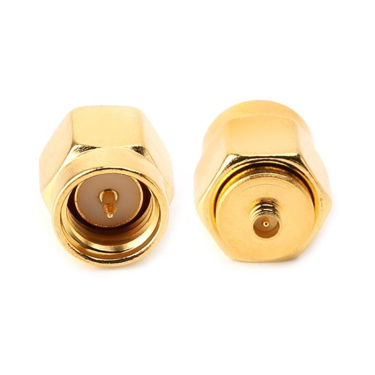 Gold SMA male to U.FL RF connector adapter, side view of both ends