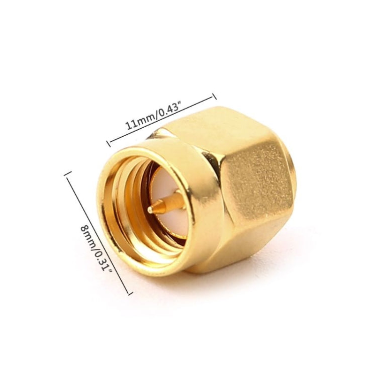 Gold SMA to U.FL RF connector adapter with labeled 11mm and 8mm dimensions