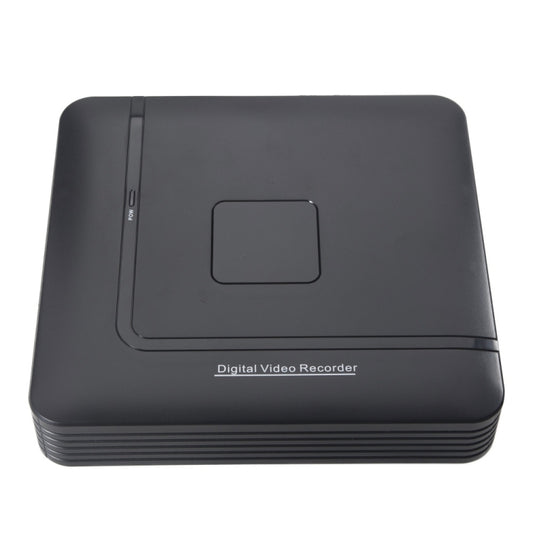 Black digital video recorder, front panel with square display window