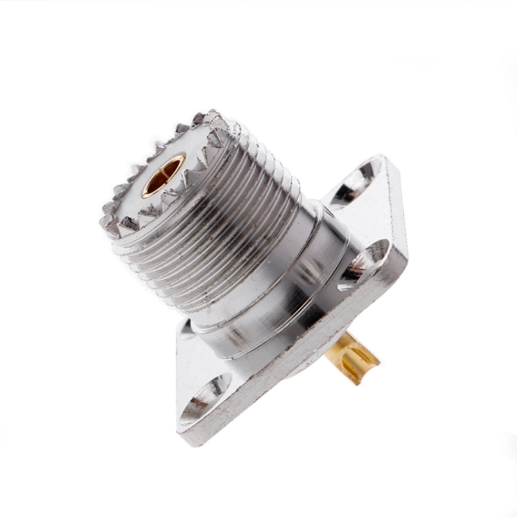 UHF SO239 female panel-mount flange adapter with threaded connector and mounting tabs