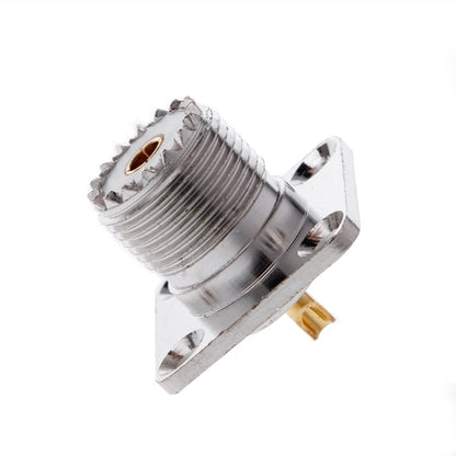 UHF SO239 female panel-mount flange adapter with threaded connector and mounting tabs