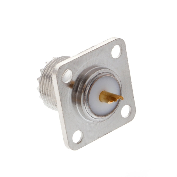 UHF SO239 female panel-mount jack, square flange with 4 mounting holes and center pin