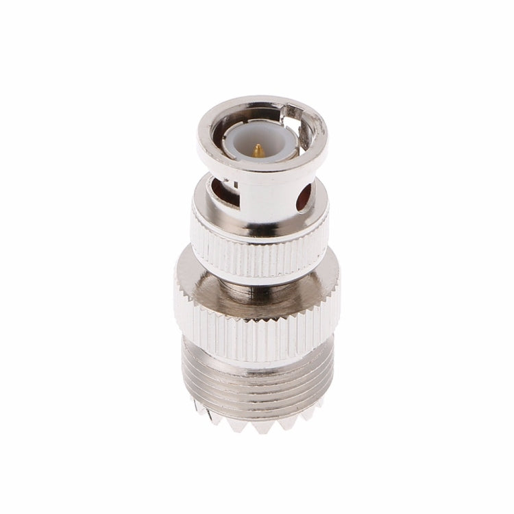 UHF SO-239 to BNC male RF adapter, threaded silver body with gold inner contact