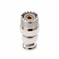 UHF SO-239 RF adapter end view, silver threaded housing with exposed gold contact