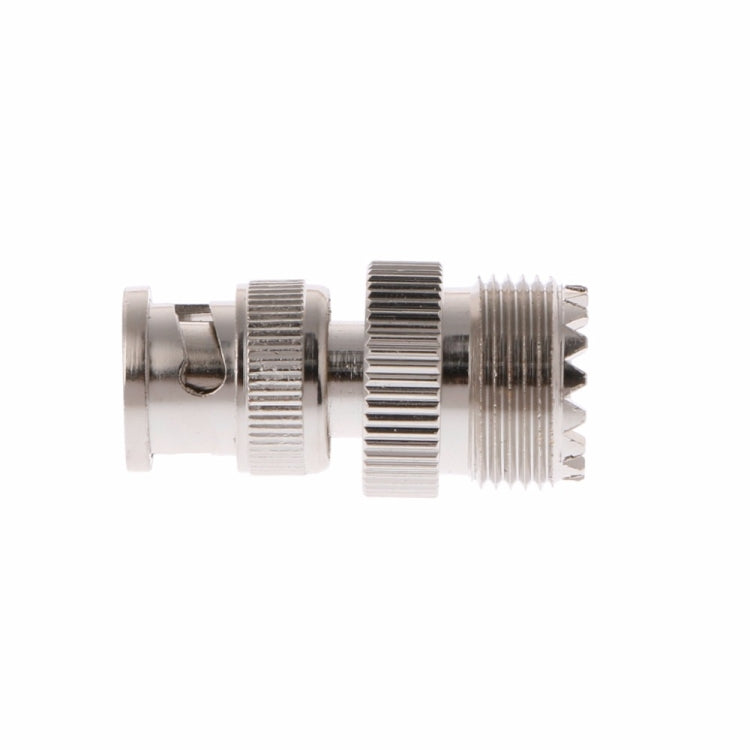 BNC male to UHF SO-239 RF adapter, side view showing threaded connectors