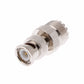 BNC male RF connector adapter, silver body with knurled grip and gold center