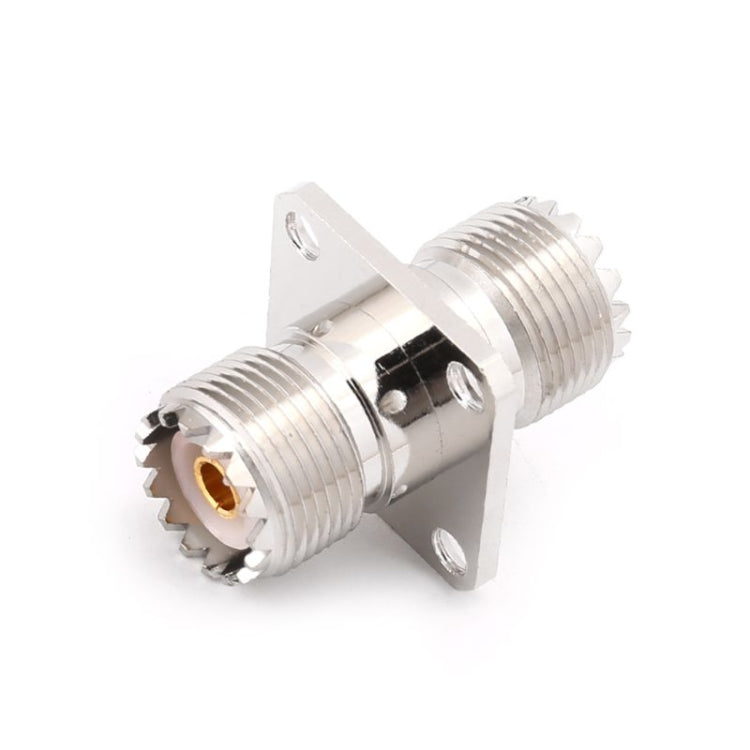 Panel-mount UHF RF adapter with two threaded ports, silver housing and gold center socket