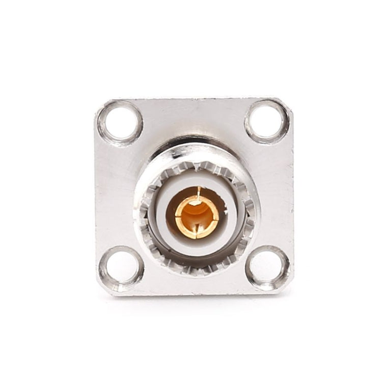 Square mounting plate RF adapter with SO-239 female socket, silver metal, gold contact