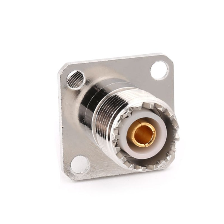 Square panel-mount UHF RF adapter with female socket, silver finish, gold center contact