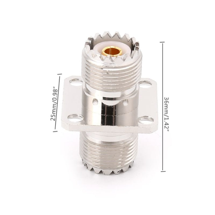 Panel-mount UHF RF adapter with labeled measurements, silver metal, gold center contact