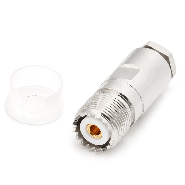 UHF female plug clamp adapter with threaded connector and protective cap