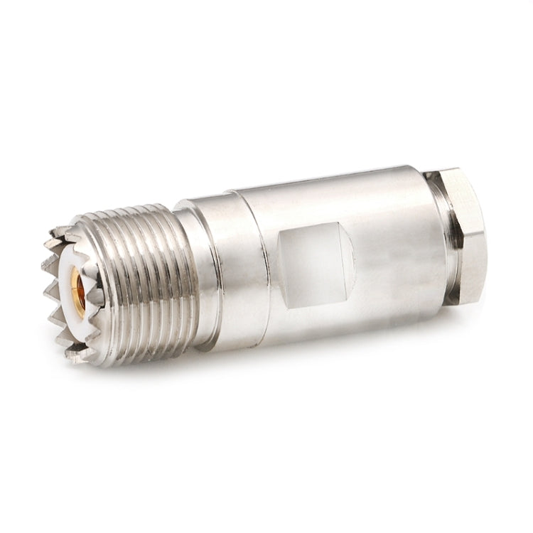 UHF female to plug clamp adapter, silver metal body with knurled threads