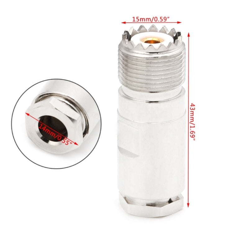 UHF female plug clamp adapter with size markings: 15mm and 43mm length