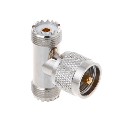 UHF RF T-adapter, silver metal, PL259 male to dual UHF female connectors