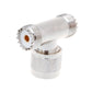 UHF RF T-adapter with silver metal housing and textured grip, PL259 to dual UHF female