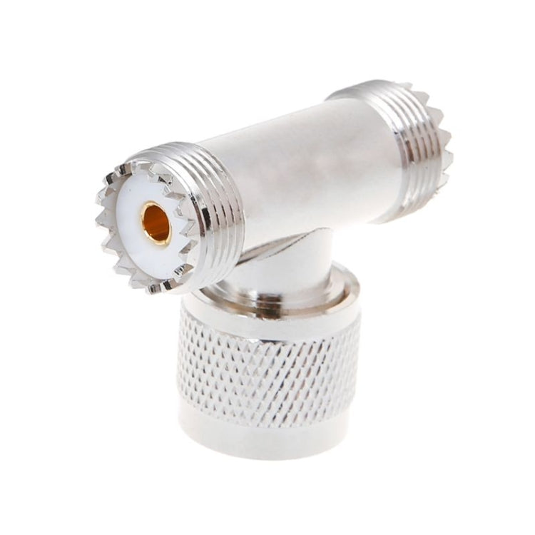 UHF RF T-adapter with silver metal housing and textured grip, PL259 to dual UHF female