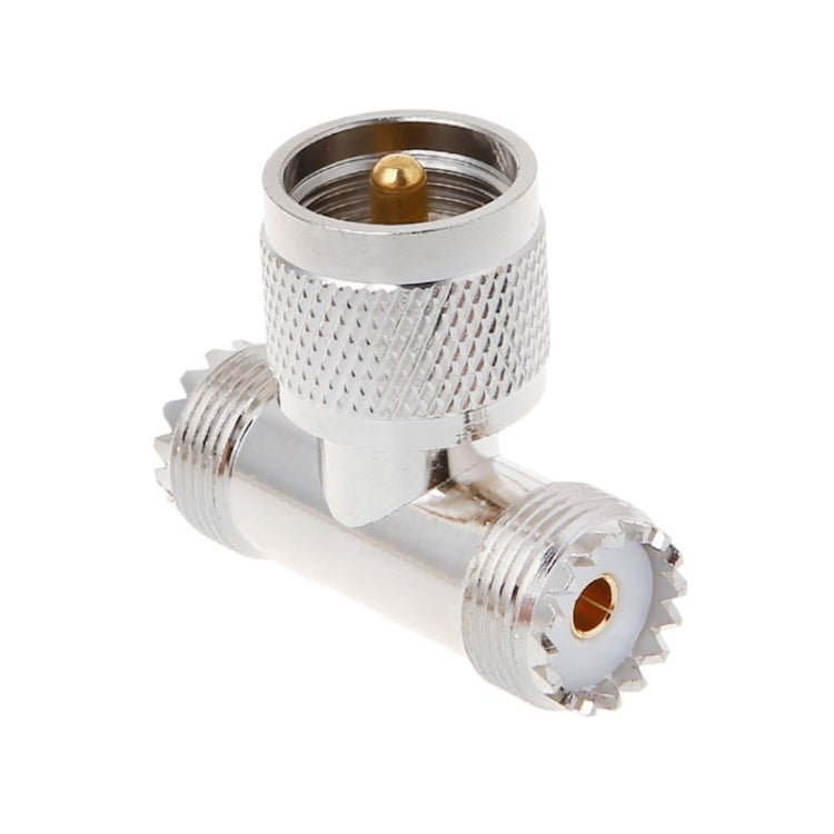 UHF RF T-adapter, silver metal with one UHF female socket and PL259 male connector