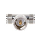 UHF RF T-adapter end view, silver metal with central UHF female socket and male port