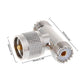 UHF RF T-adapter with size diagram labels, silver metal connectors and UHF ports
