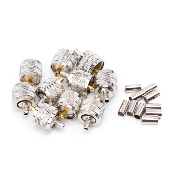 Set of UHF male PL259 crimp plug adapters, silver knurled body with gold center pin