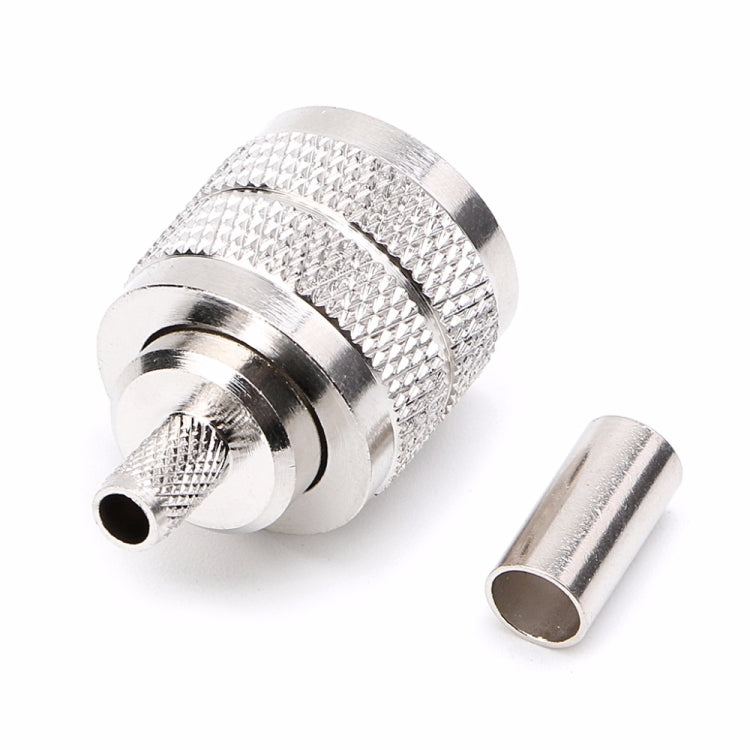 UHF male PL259 crimp connector plug, silver knurled housing with hollow center