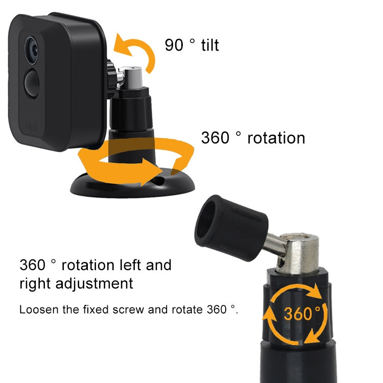 Wall mount camera bracket showing 360° rotation and 90° tilt adjustment