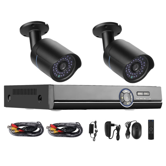 CCTV security kit with two black bullet AHD cameras, DVR, and cable accessory set