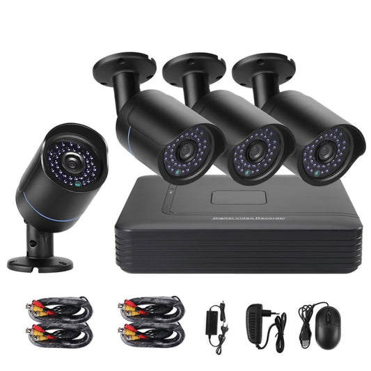 4-channel security camera kit with DVR and four black bullet AHD cameras plus cables