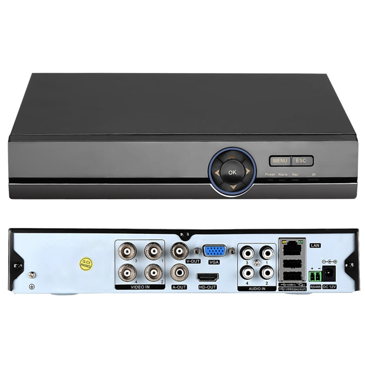 4-channel AHD DVR, dark gray metal unit with control dial and buttons