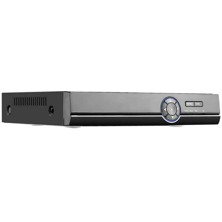 AHD DVR side view, dark gray metal chassis with ventilation and control panel