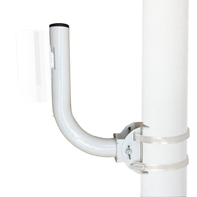 White L-shaped antenna bracket with adjustable clamps for pole mounting
