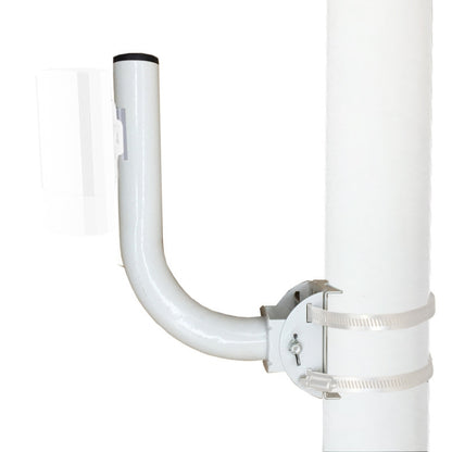White L-shaped antenna bracket with adjustable clamps for pole mounting