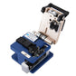 Optical fiber cleaver with open blade area, beige body and blue base, metal adjustment parts