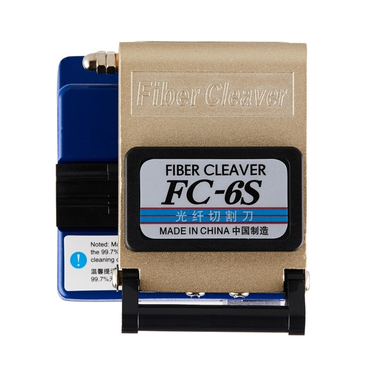Optical fiber cleaver FC-6S close-up with beige body and blue frame, label on front