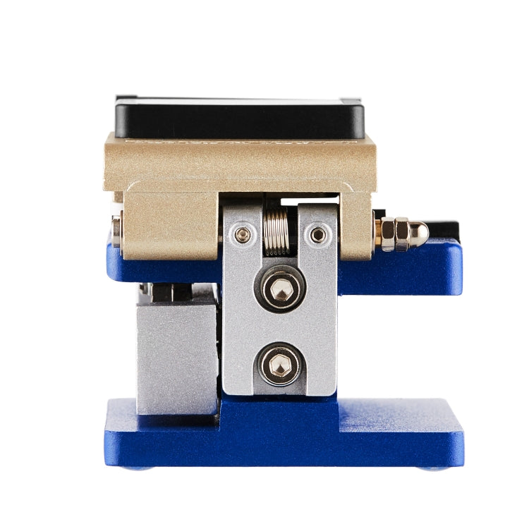 Optical fiber cleaver front view with beige body and blue base, metal adjustment screws