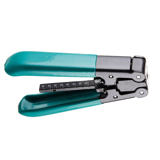 Teal and silver fiber optic stripping pliers with numbered scale and cutter head