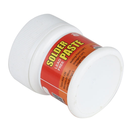 Lead-free solder paste container with white lid, red label on side