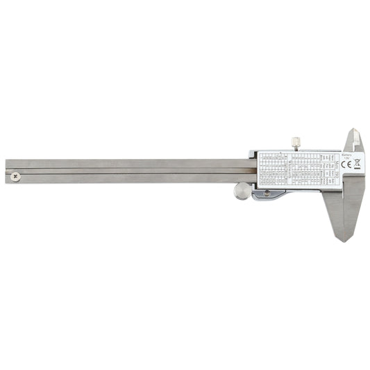 Slide caliper with LCD readout, stainless hardened scale, and metal depth blade tips