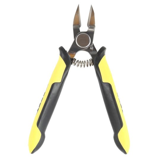 Wire cable cutters with black and yellow handles, pointed blades, and spring mechanism