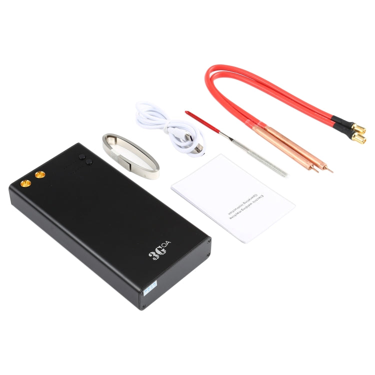 Portable mini spot-welding machine kit with black unit, red cables, and welding tools