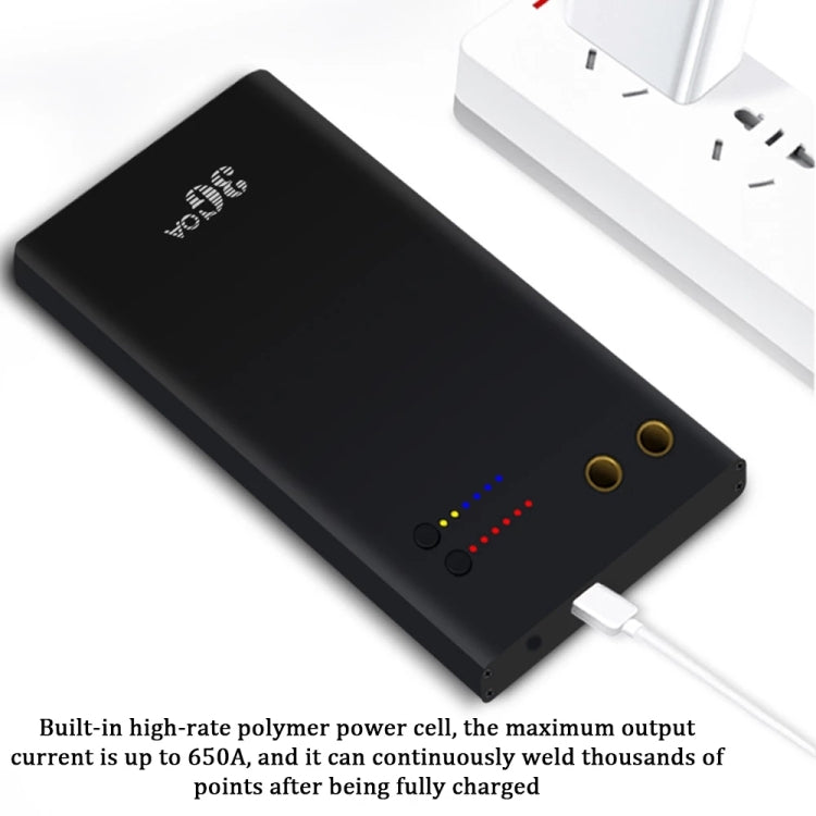 Portable mini spot-welding machine power panel with blue/red LEDs and white charging cable