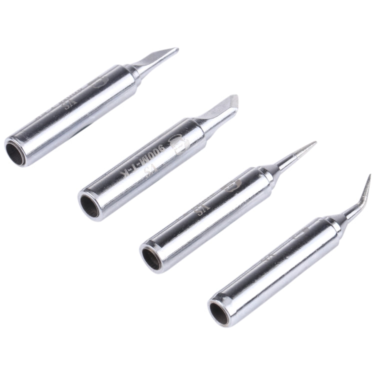 Four metal soldering iron tips shown from the side with pointed ends