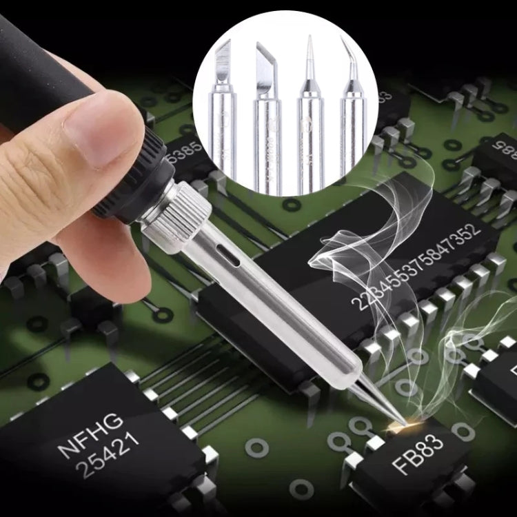 Hand using a soldering iron tip on a circuit board with a tip detail inset