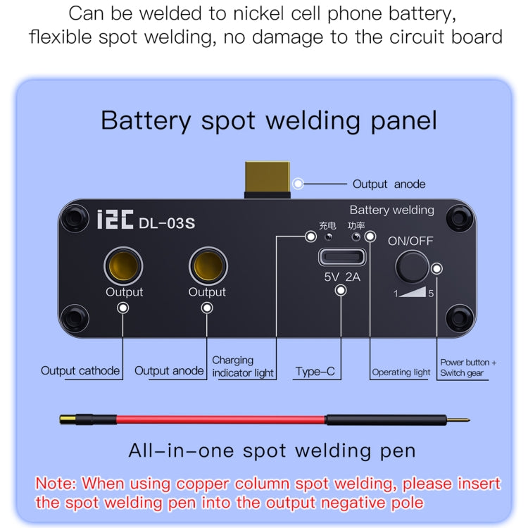 Battery spot welding panel on mini welder with output ports and indicator light