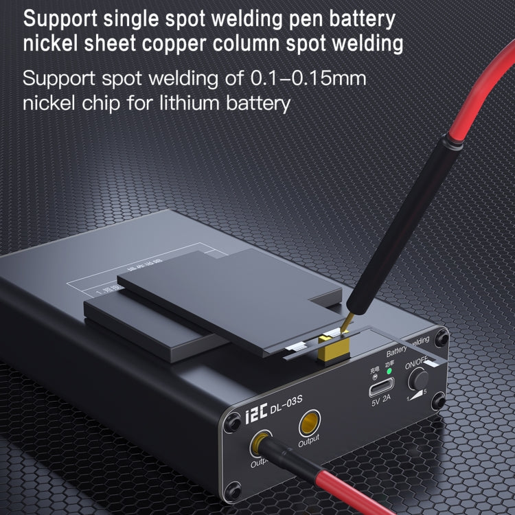 Mini spot welder with welding pen touching nickel sheet on test pads