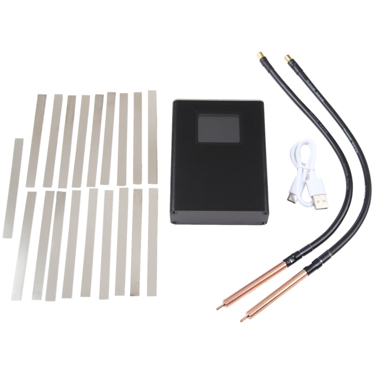 Handheld spot welder machine with USB cable, two electrode tips, and strip accessories