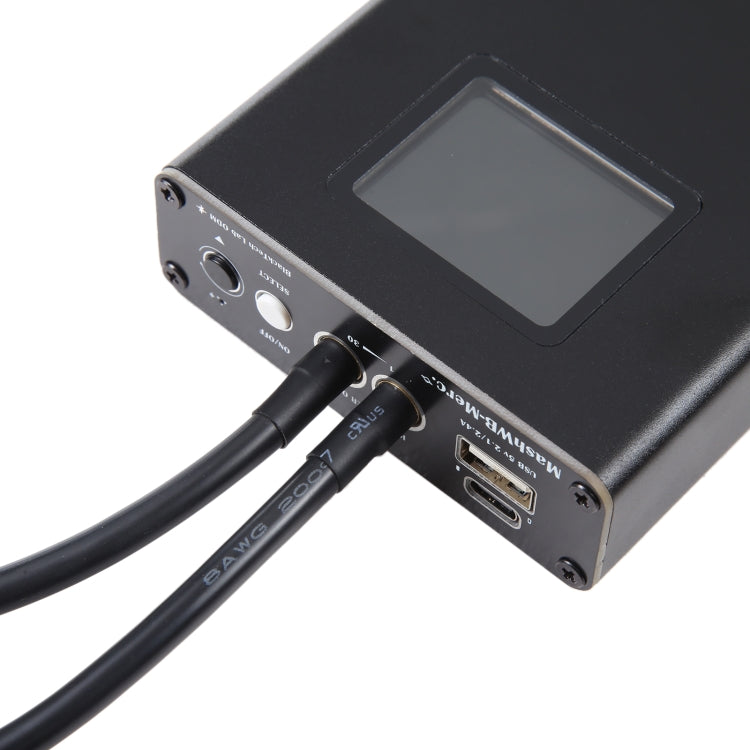 Handheld spot welder machine side view with LCD window, dials, and cable ports