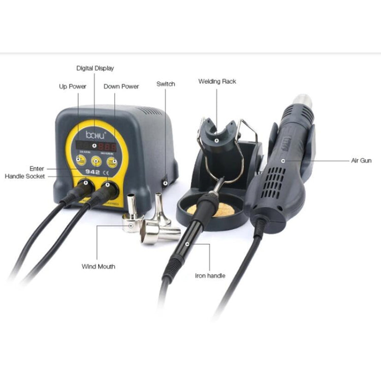 Hot air rework station kit with air gun, soldering iron handle, stand, and nozzles
